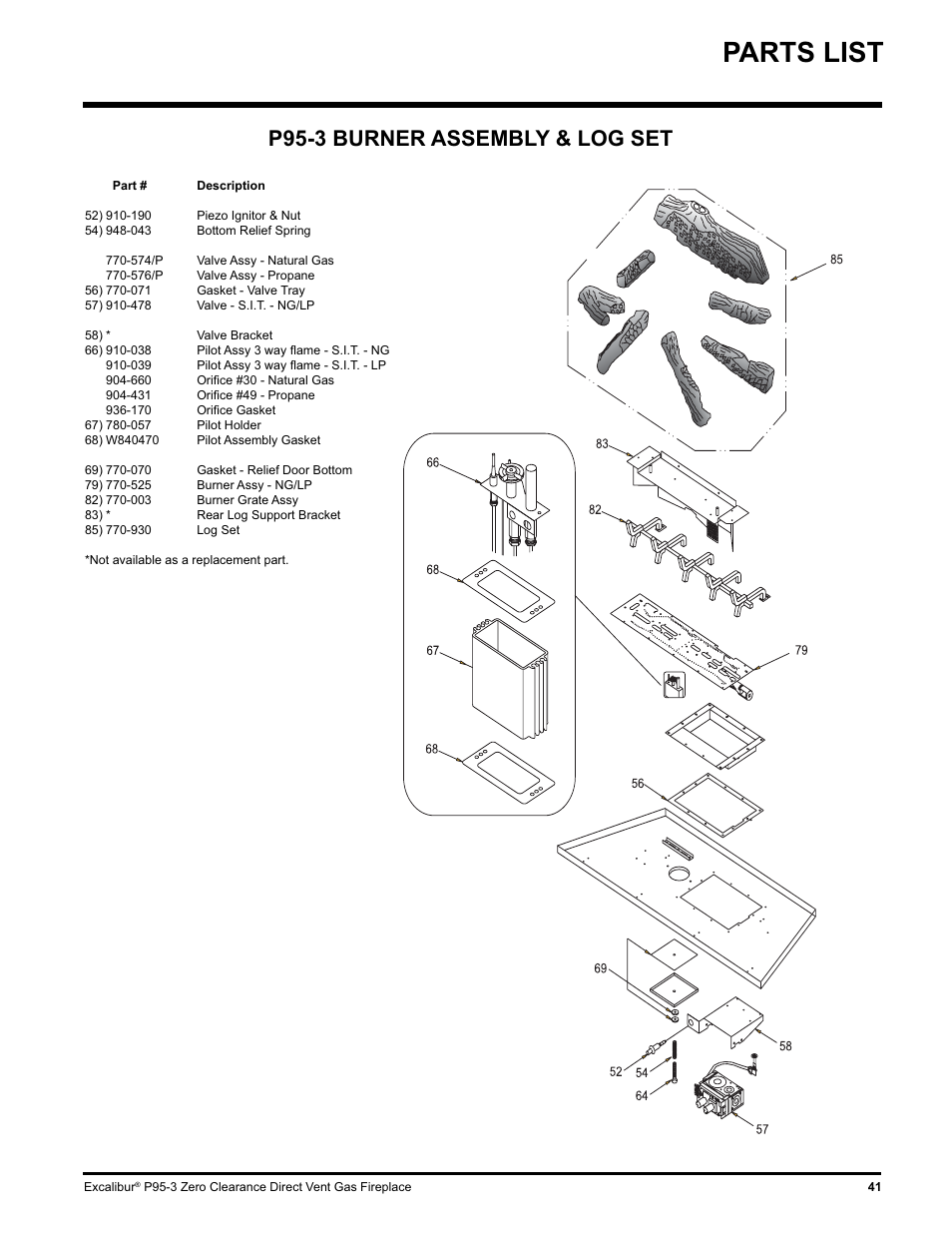 Parts list, P95-3 burner assembly & log set | Excalibur electronic P95-LP3 User Manual | Page 41 / 44