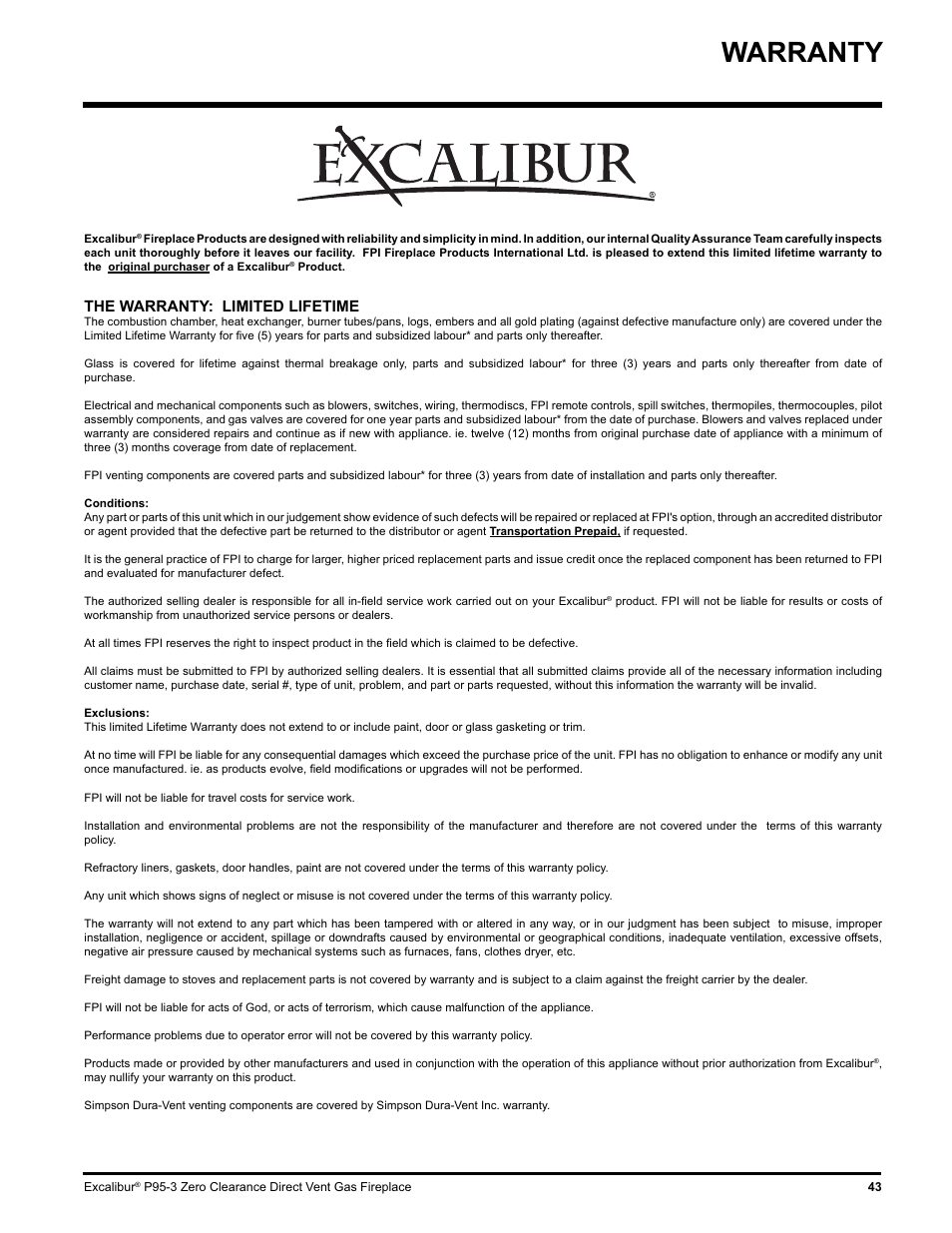 Warranty, The warranty: limited lifetime | Excalibur electronic P95-LP3 User Manual | Page 43 / 44