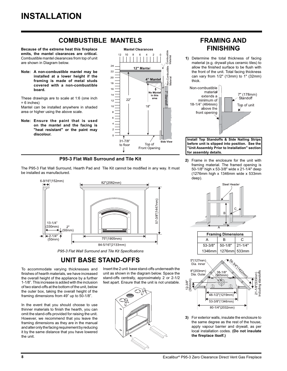 Installation, Framing and finishing, Combustible mantels | Unit base stand-offs | Excalibur electronic P95-LP3 User Manual | Page 8 / 44