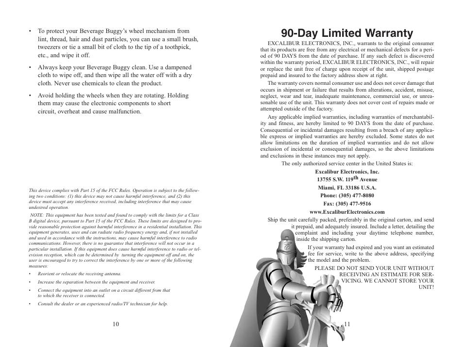 Day limited warranty | Excalibur electronic 641S User Manual | Page 6 / 7