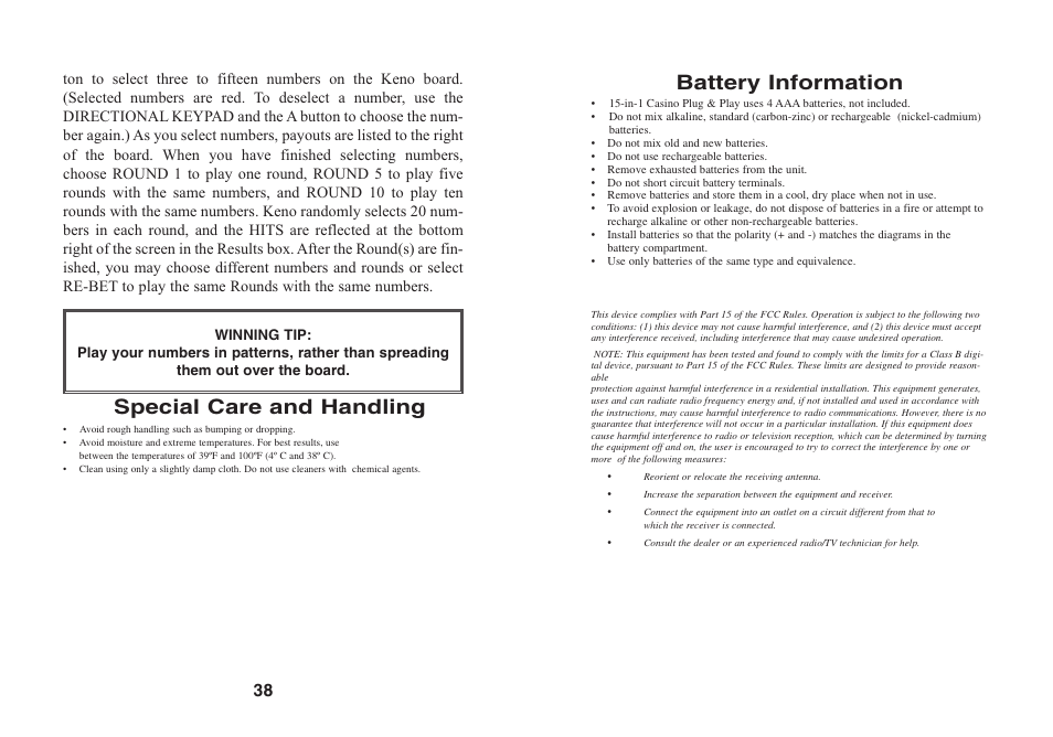 Battery information, Special care and handling | Excalibur electronic VR15 User Manual | Page 20 / 21