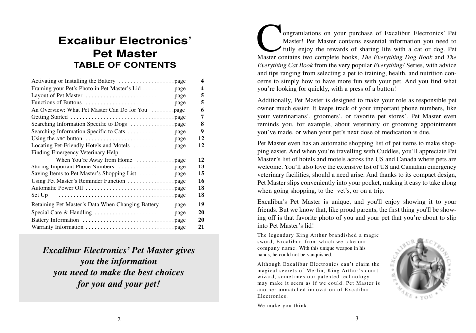 Excalibur electronics’ pet master | Excalibur electronic Pet Master 464 User Manual | Page 2 / 12