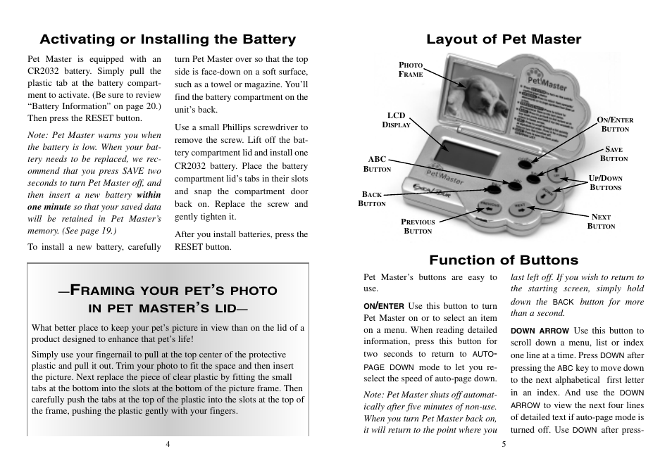 Activating or installing the battery, Layout of pet master function of buttons | Excalibur electronic Pet Master 464 User Manual | Page 3 / 12