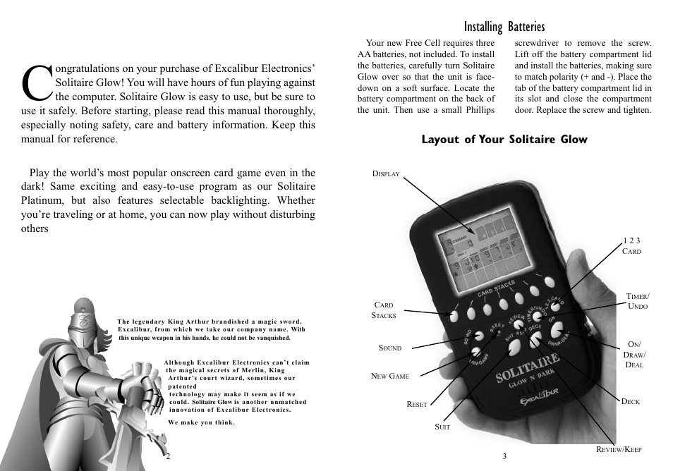 Installing batteries, Layout of your solitaire glow | Excalibur electronic 370G User Manual | Page 2 / 5