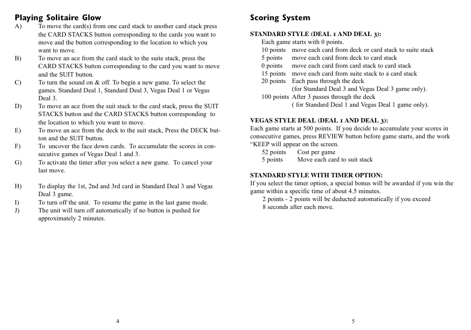 Playing solitaire glow, Scoring system | Excalibur electronic 370G User Manual | Page 3 / 5