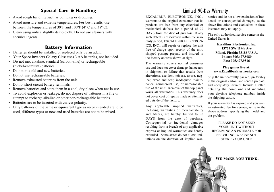 Limited 90-day warranty, Special care & handling, Battery information | Excalibur electronic 370G User Manual | Page 4 / 5