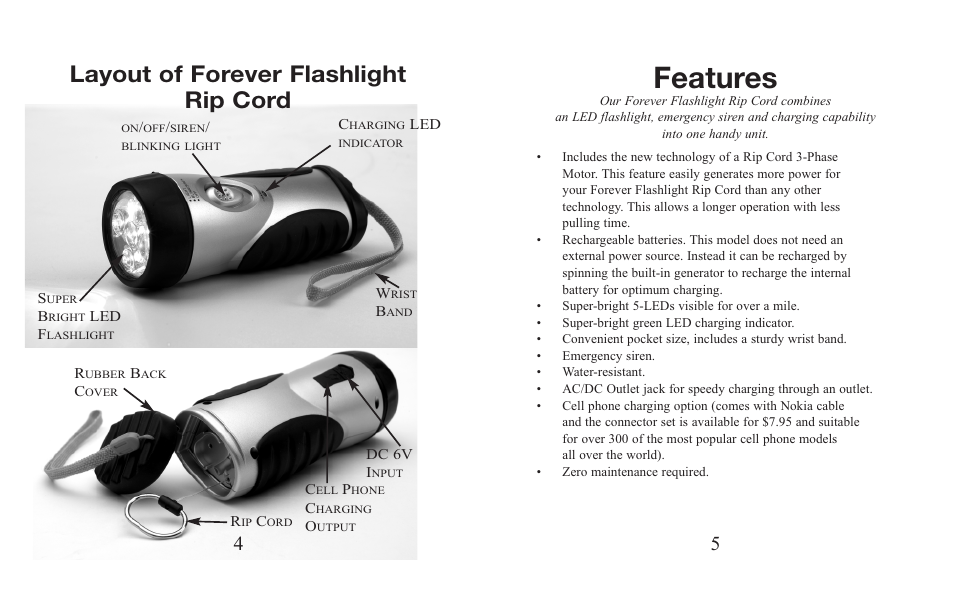 Features, Layout of forever flashlight rip cord | Excalibur electronic H630BK User Manual | Page 3 / 9