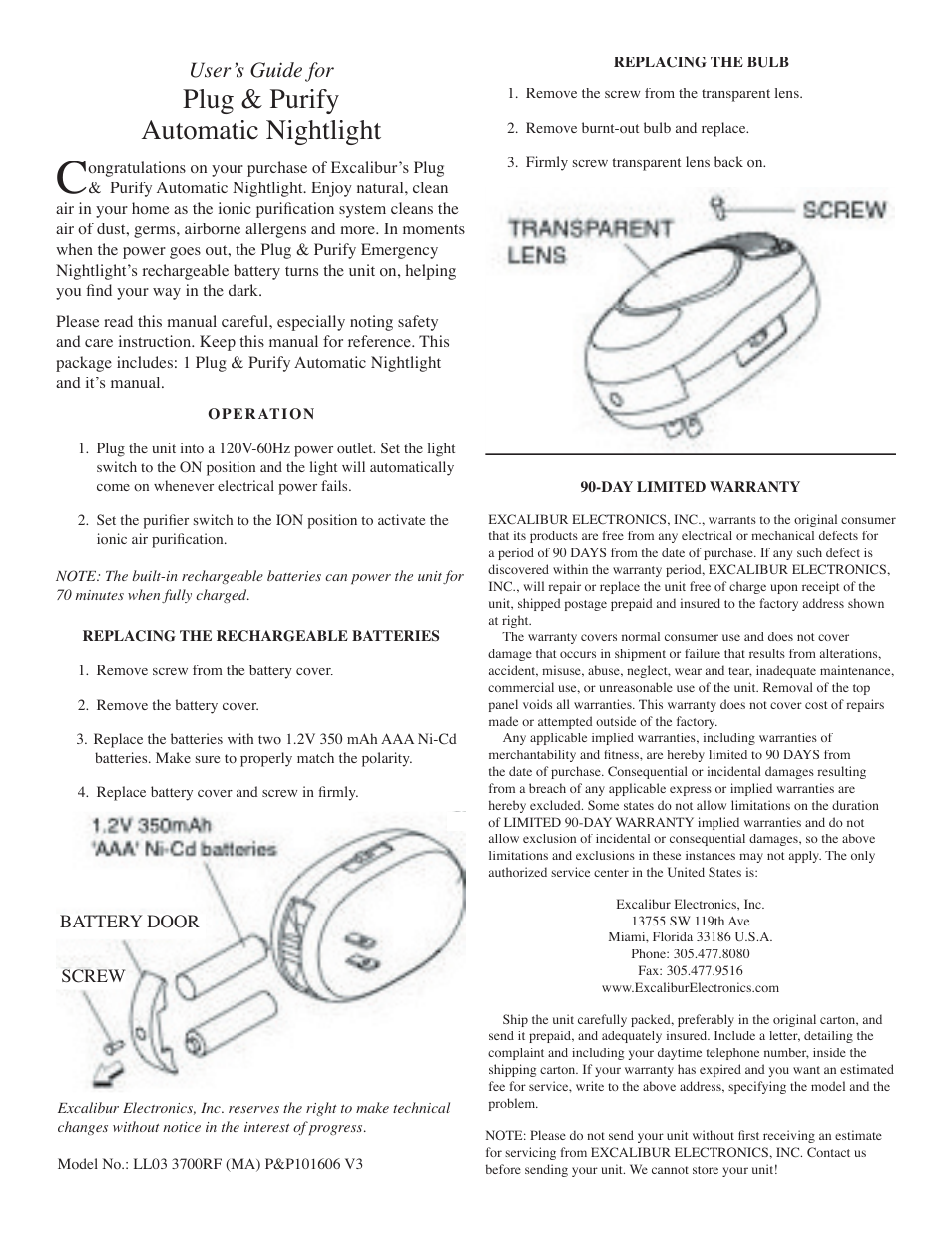 Excalibur electronic Plug & Purify Automatic Nightlight LL03 User Manual | 1 page
