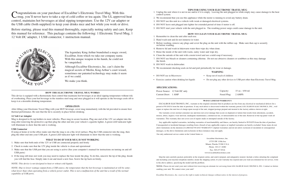 Excalibur electronic Electronic Travel Mug 494 User Manual | Page 2 / 3