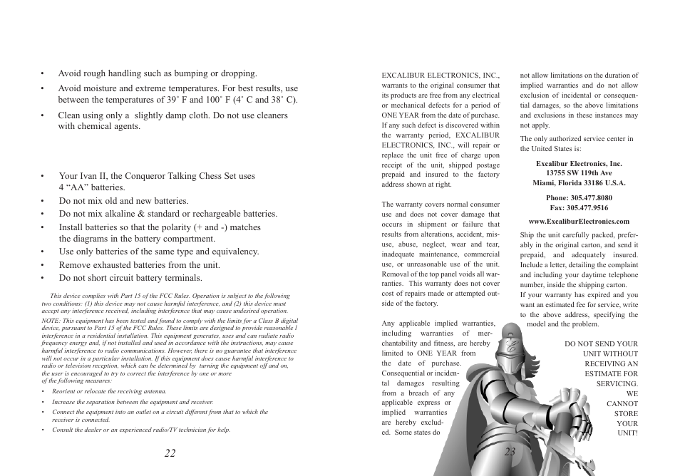 Special care & handling, Battery information, Limited one-year warranty | Excalibur electronic 712 User Manual | Page 12 / 13