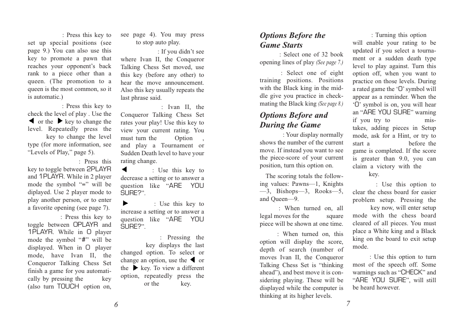 Options before the game starts, Options before and during the game | Excalibur electronic 712 User Manual | Page 4 / 13