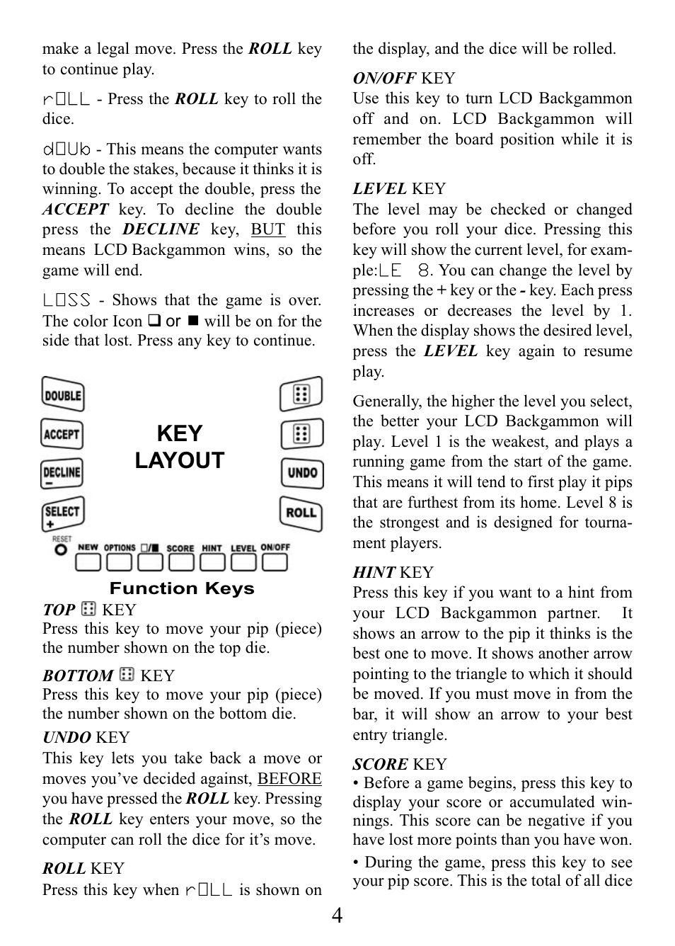 Key layout | Excalibur electronic Backgammon Wizard E125 User Manual | Page 4 / 8