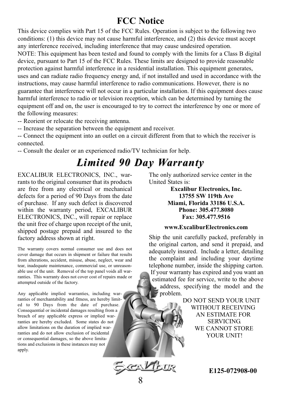 Limited 90 day warranty, 8fcc notice | Excalibur electronic Backgammon Wizard E125 User Manual | Page 8 / 8
