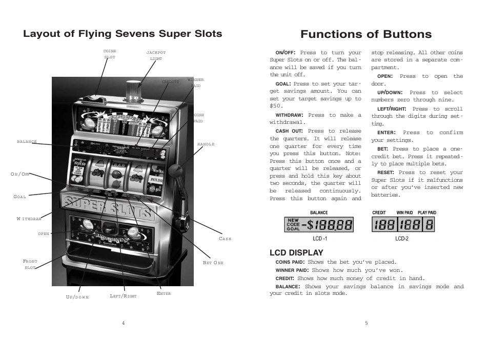 Functions of buttons, Layout of flying sevens super slots, Lcd display | Excalibur electronic 2070-1 User Manual | Page 3 / 7