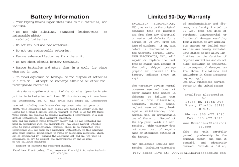 Battery information, Limited 90-day warranty | Excalibur electronic 2070-1 User Manual | Page 6 / 7