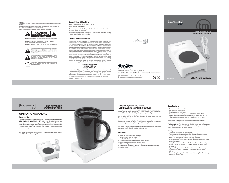 Excalibur electronic USB Beverage Warmer/Cooler 601 User Manual | 1 page