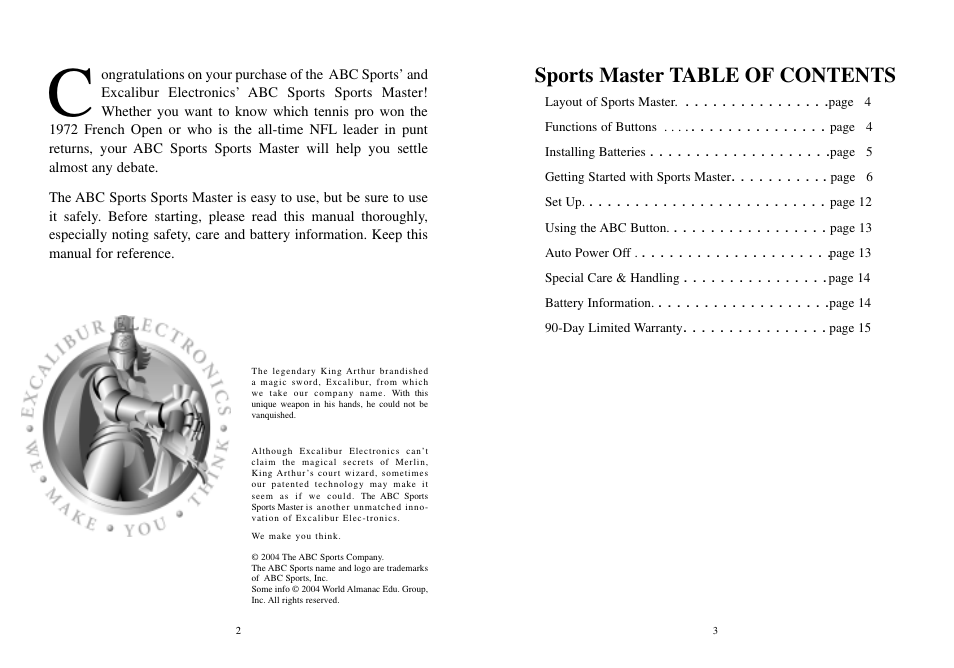 Sports master table of contents | Excalibur electronic ABC Sports Sports Master A04 User Manual | Page 2 / 9