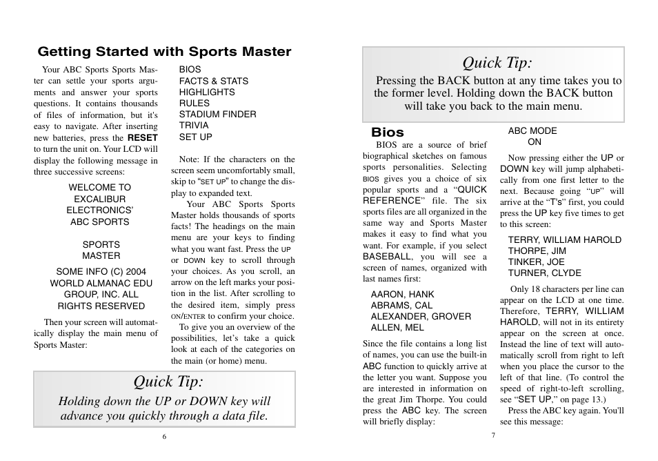 Quick tip, Getting started with sports master bios | Excalibur electronic ABC Sports Sports Master A04 User Manual | Page 4 / 9