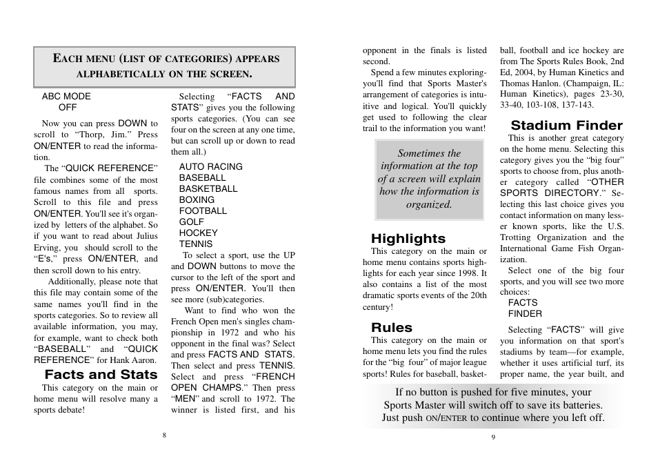 Highlights, Rules, Stadium finder | Facts and stats | Excalibur electronic ABC Sports Sports Master A04 User Manual | Page 5 / 9