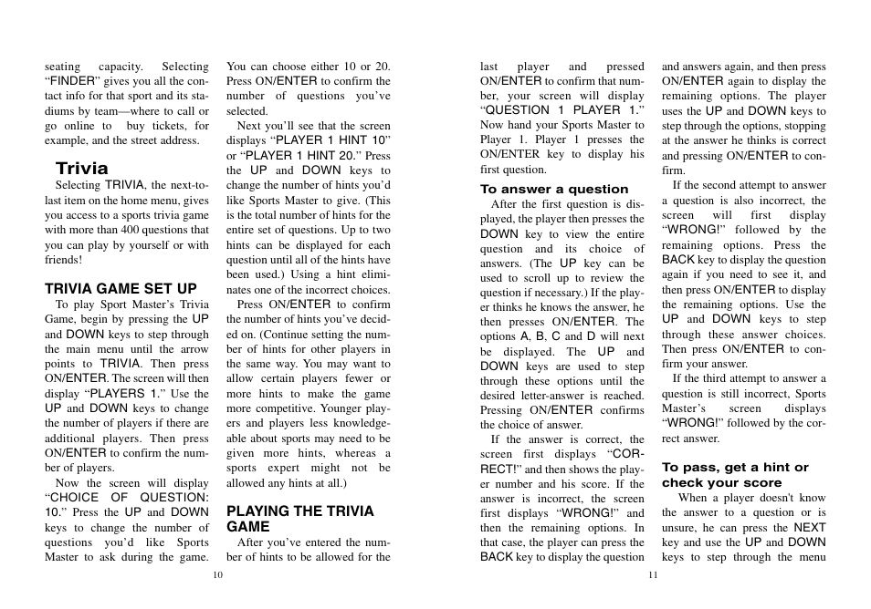 Trivia | Excalibur electronic ABC Sports Sports Master A04 User Manual | Page 6 / 9