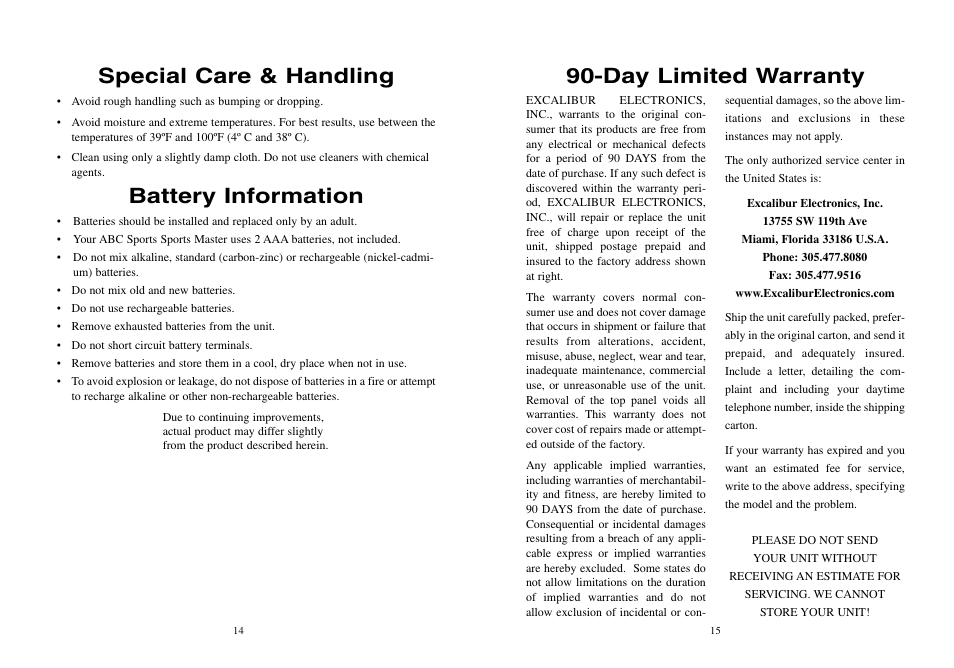 Day limited warranty, Special care & handling battery information | Excalibur electronic ABC Sports Sports Master A04 User Manual | Page 8 / 9