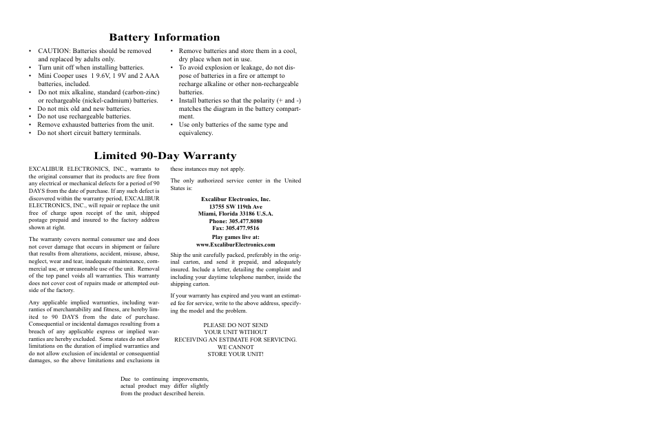 Battery information, Limited 90-day warranty | Excalibur electronic 9366 User Manual | Page 3 / 3