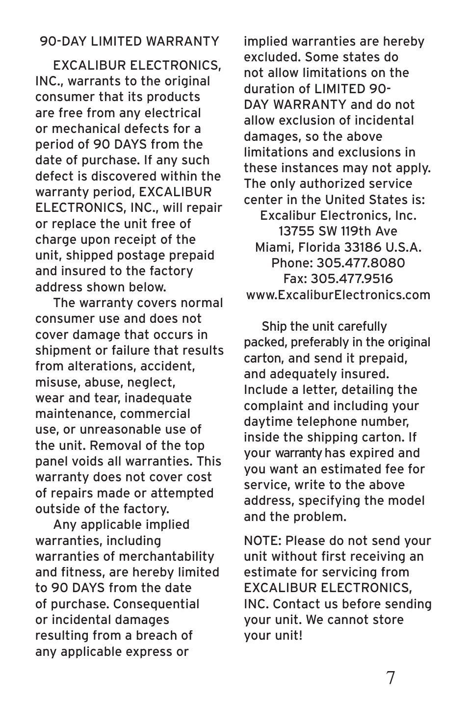 Excalibur electronic H637S User Manual | Page 7 / 8