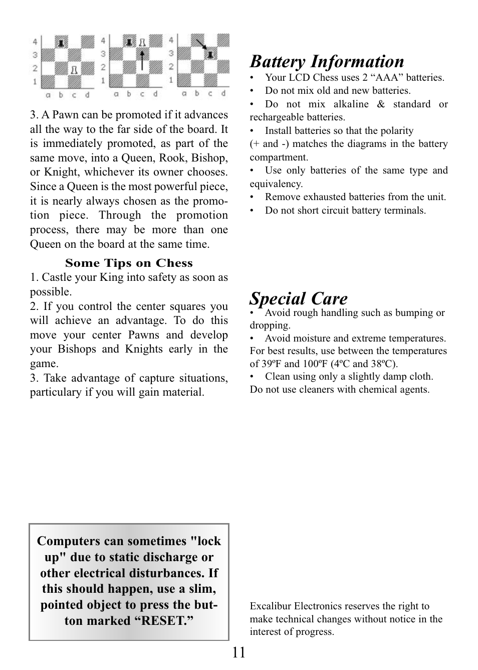 Battery information, Special care | Excalibur electronic E123 User Manual | Page 11 / 12