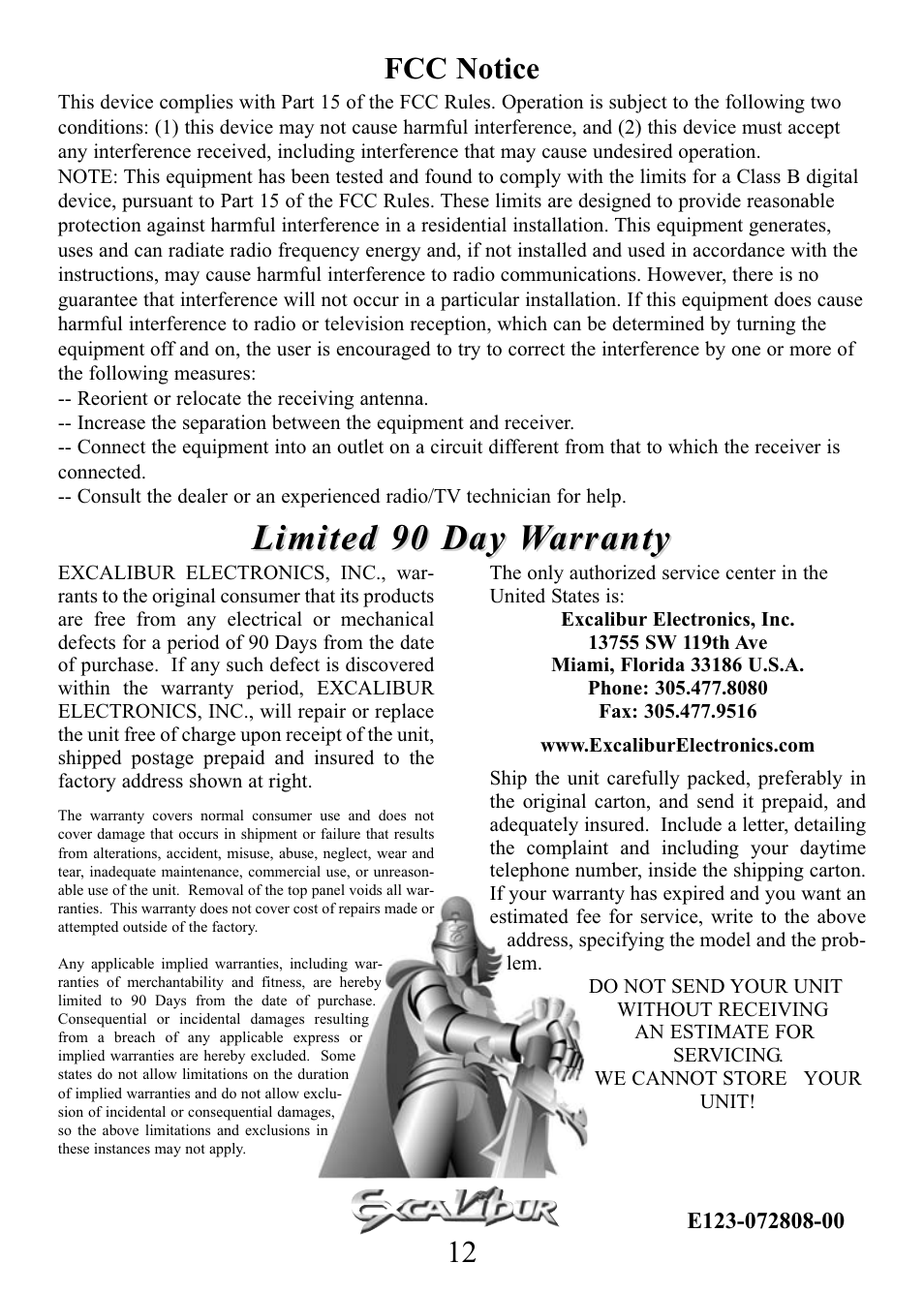 Limited 90 day warranty, Fcc notice | Excalibur electronic E123 User Manual | Page 12 / 12
