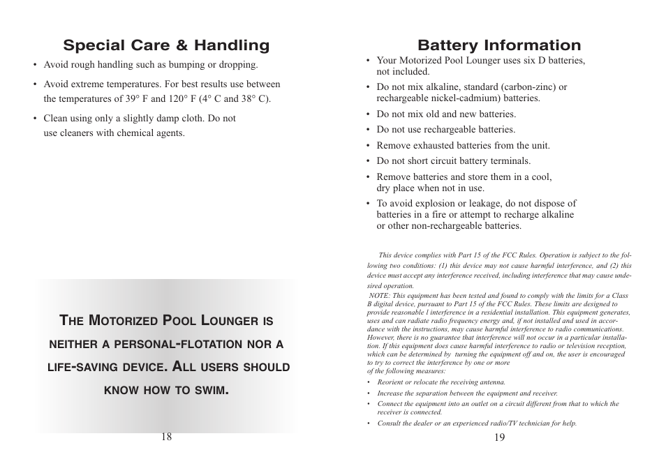 Battery information, Special care & handling | Excalibur electronic Motorized Pool Lounger PR10 User Manual | Page 10 / 13