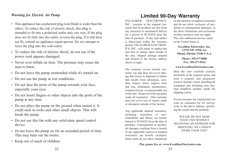 Limited 90-day warranty | Excalibur electronic Motorized Pool Lounger PR10 User Manual | Page 12 / 13