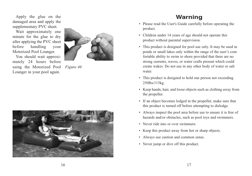 Warning | Excalibur electronic Motorized Pool Lounger PR10 User Manual | Page 9 / 13