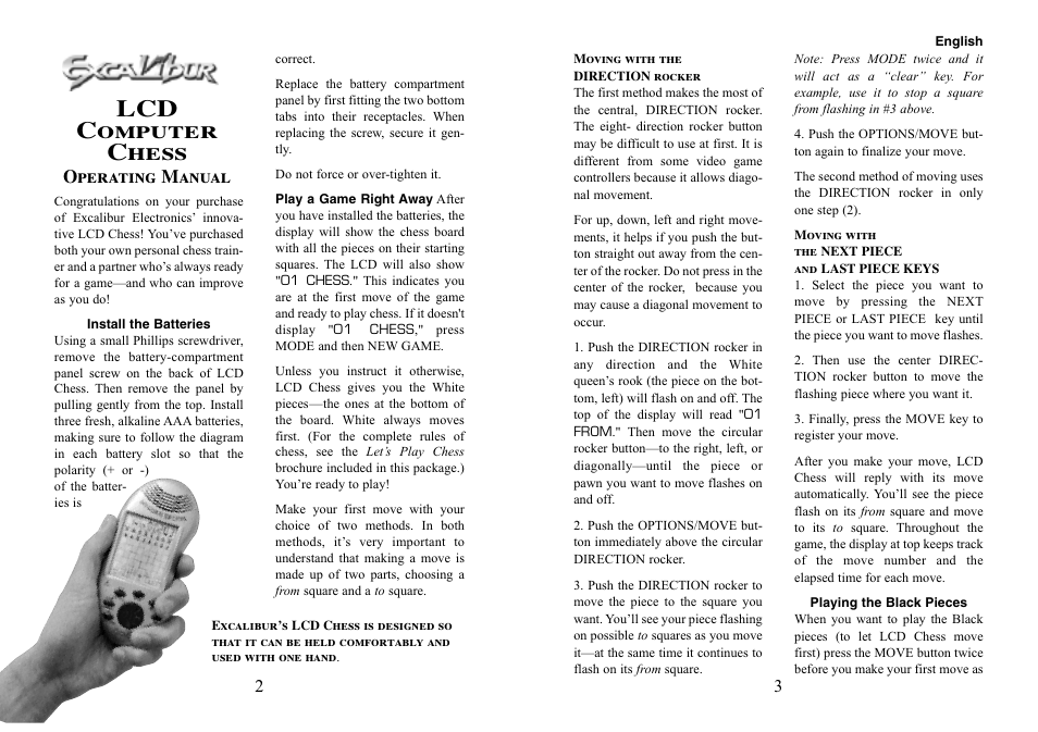 Lcd computer chess, Operating manual | Excalibur electronic LCD CHESS User Manual | Page 2 / 7