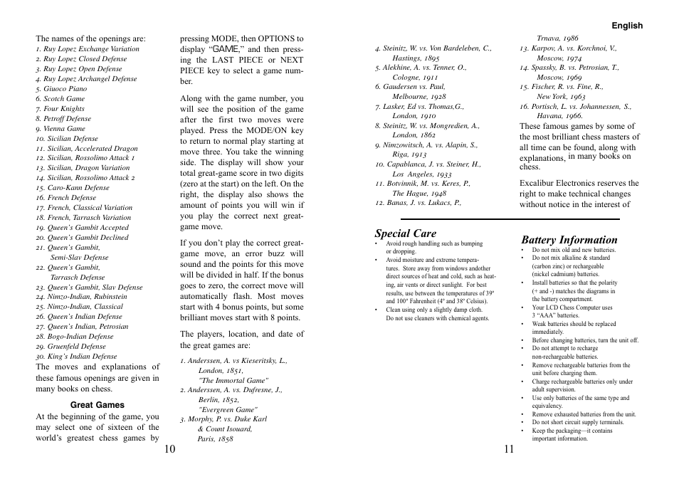 10 11 special care, Battery information | Excalibur electronic LCD CHESS User Manual | Page 6 / 7