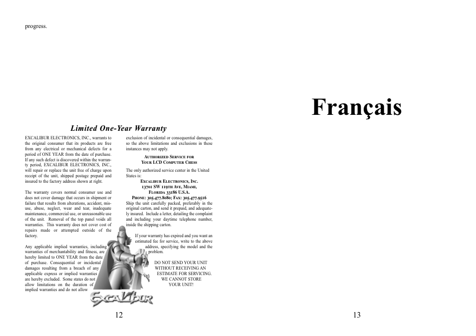Français, Limited one-y, Limited one-y ear ear w w arranty arranty | Excalibur electronic LCD CHESS User Manual | Page 7 / 7