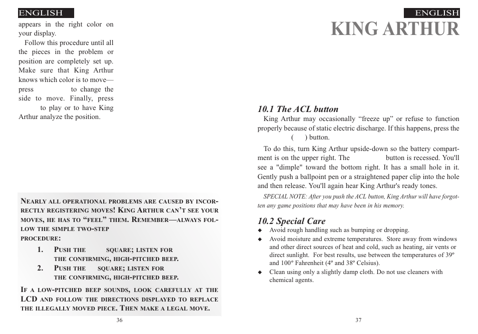 King arthur chapter 10, Important technical details, 1 the acl button | 2 special care | Excalibur electronic 915-W User Manual | Page 19 / 41