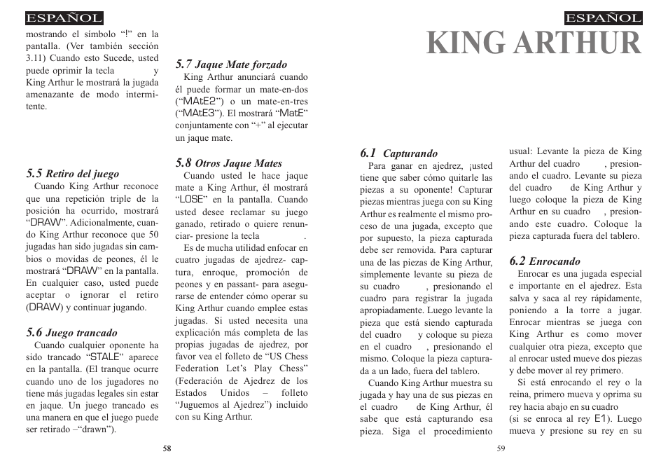 King arthur, Capitulo 6, Algunas jugadas especiales de ajedrez | Mensajes de retiro del juego 5.5, Mensajes de final del juego 5.7 | Excalibur electronic 915-W User Manual | Page 30 / 41