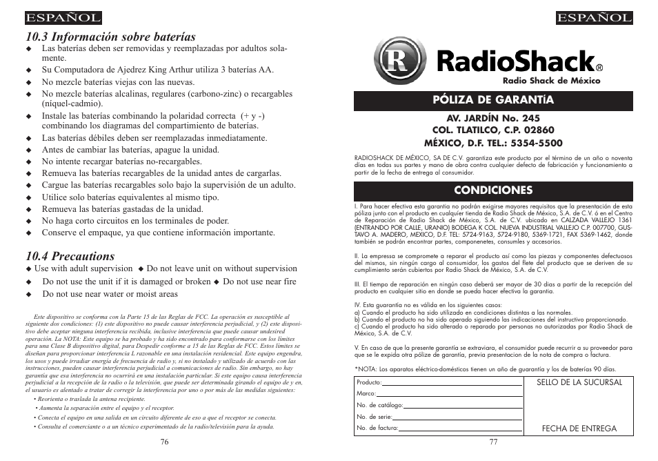 3 información sobre baterías, 4 precautions, Español | Póliza de garant, Condiciones | Excalibur electronic 915-W User Manual | Page 39 / 41