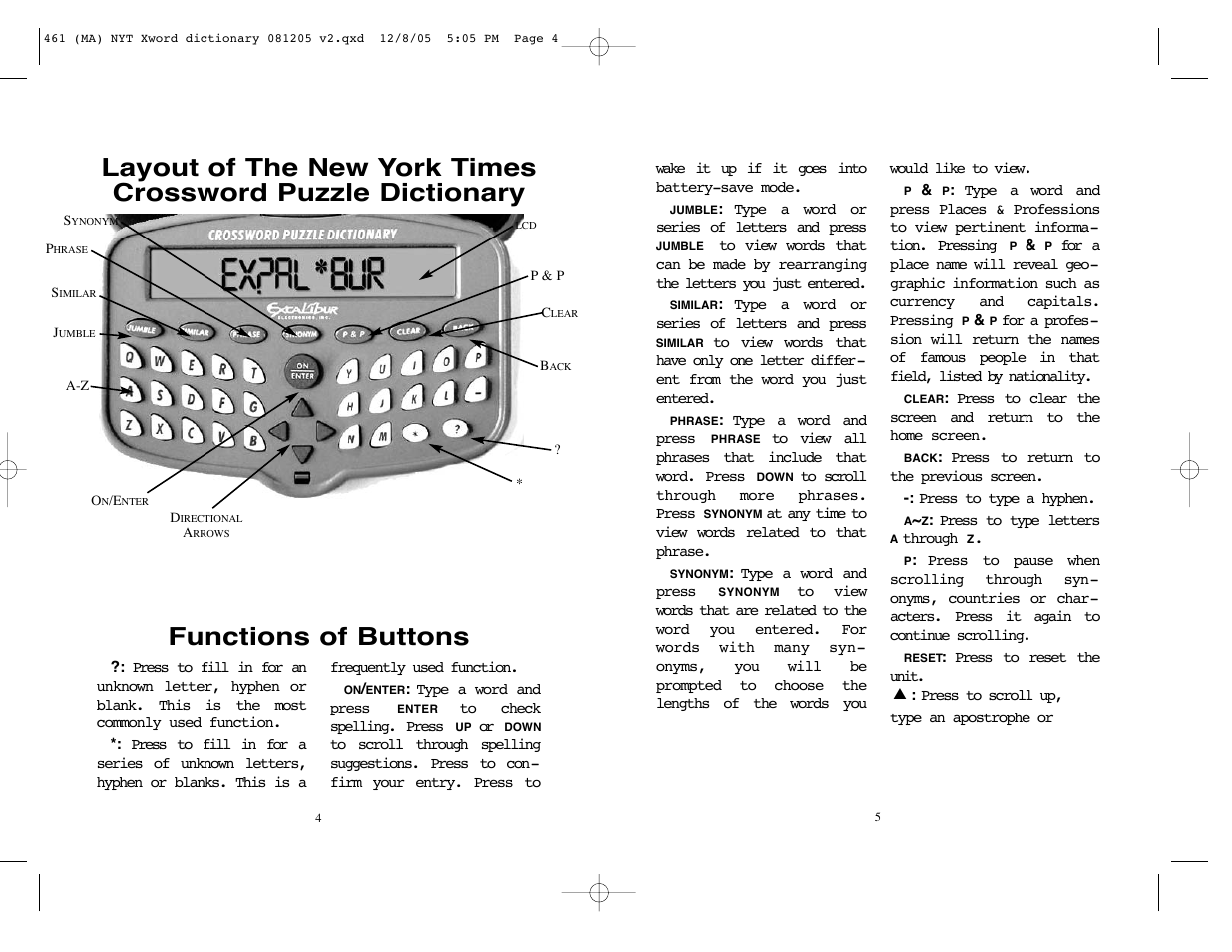 Functions of buttons | Excalibur electronic The New York Times Crossword Puzzle Dictionary 461 User Manual | Page 3 / 8