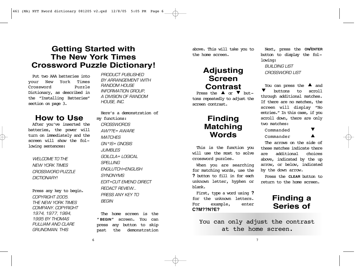 How to use, Adjusting screen contrast, Finding matching words | Finding a series of | Excalibur electronic The New York Times Crossword Puzzle Dictionary 461 User Manual | Page 4 / 8