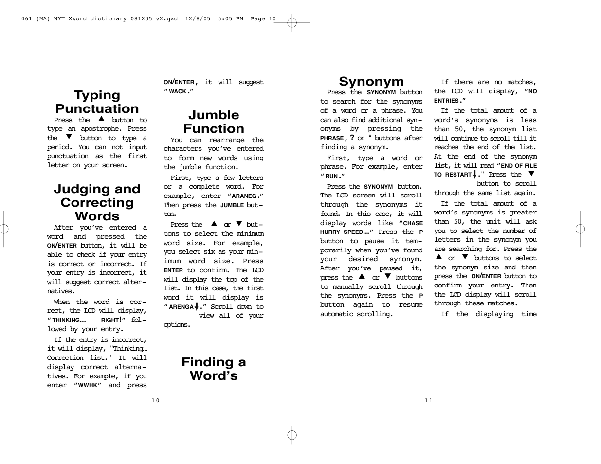 Typing punctuation, Judging and correcting words, Jumble function | Finding a word’s, Synonym | Excalibur electronic The New York Times Crossword Puzzle Dictionary 461 User Manual | Page 6 / 8