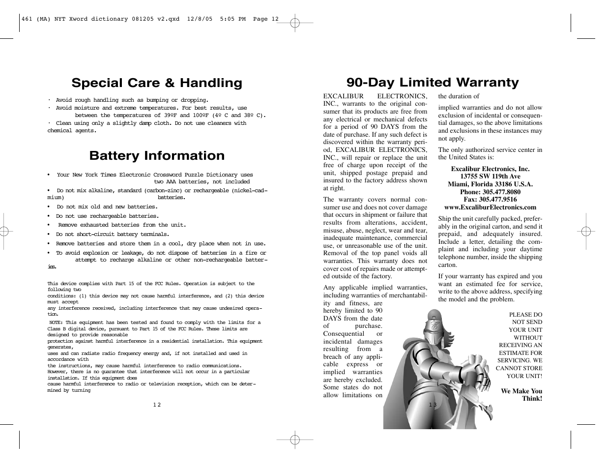 Battery information, Day limited warranty, Special care & handling | Excalibur electronic The New York Times Crossword Puzzle Dictionary 461 User Manual | Page 7 / 8