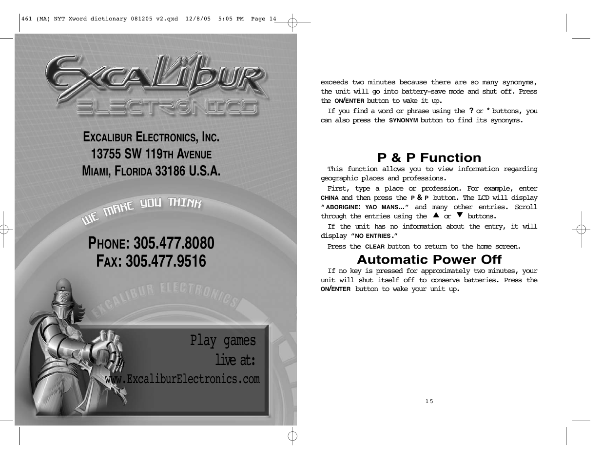 Play games live at, 8080 f, Hone | P & p function, Automatic power off | Excalibur electronic The New York Times Crossword Puzzle Dictionary 461 User Manual | Page 8 / 8