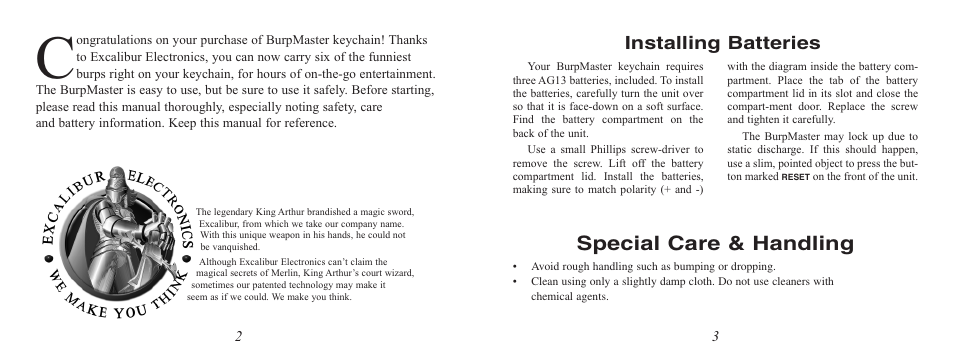 Special care & handling, Installing batteries | Excalibur electronic BurpMaster Keychain 112-SG User Manual | Page 2 / 5