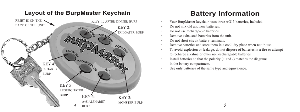 Battery information, Layout of the burpmaster keychain | Excalibur electronic BurpMaster Keychain 112-SG User Manual | Page 3 / 5