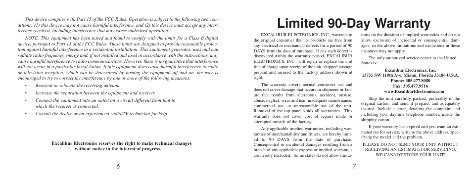 Limited 90-day warranty | Excalibur electronic BurpMaster Keychain 112-SG User Manual | Page 4 / 5