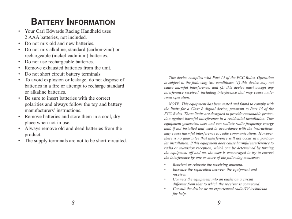 Attery, Nformation | Excalibur electronic Carl Edwards Racing Handheld 488N User Manual | Page 5 / 7