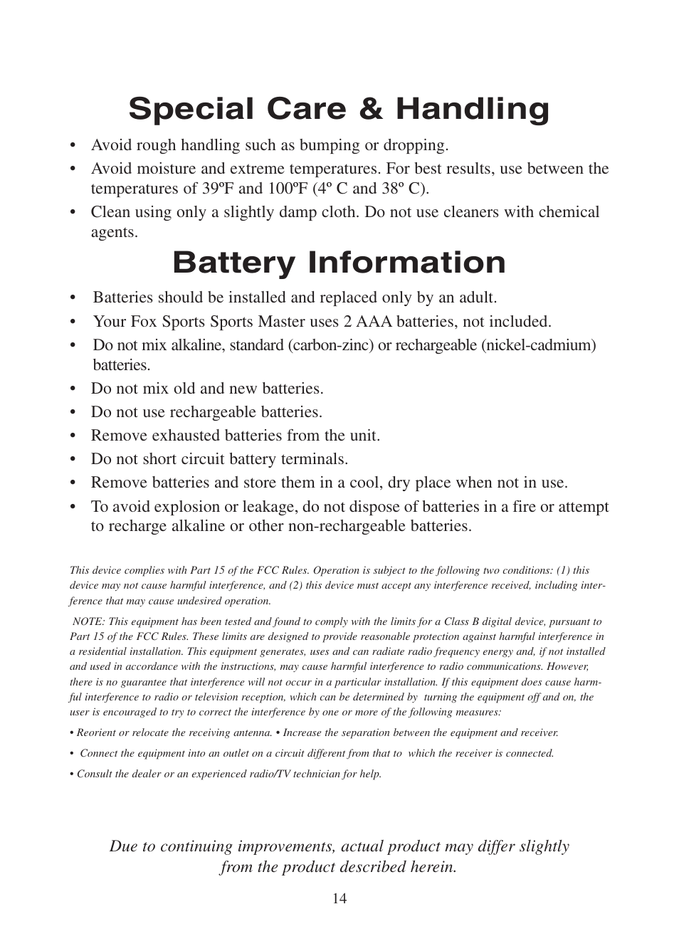 Special care & handling battery information | Excalibur electronic FX200 User Manual | Page 14 / 16