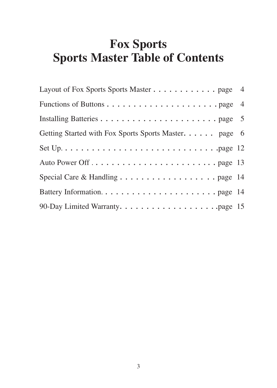 Fox sports sports master table of contents | Excalibur electronic FX200 User Manual | Page 3 / 16
