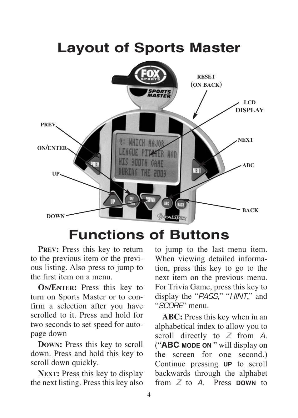 Functions of buttons, Layout of sports master | Excalibur electronic FX200 User Manual | Page 4 / 16